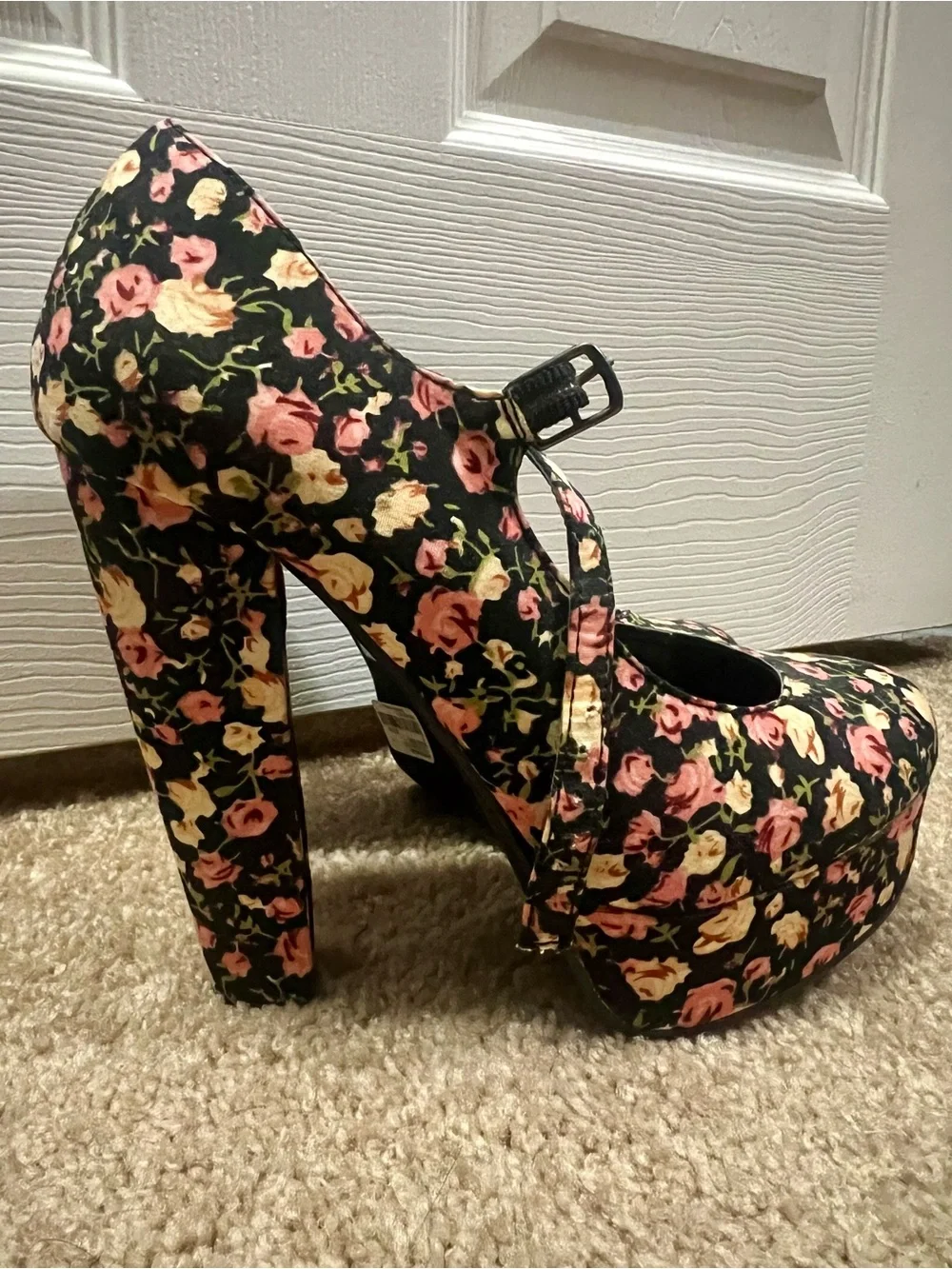 Floral Platform Mary Jane High Heels - Pink & Yellow Roses on Black